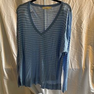 LOFT Light Blue and White Striped V-Neck Top